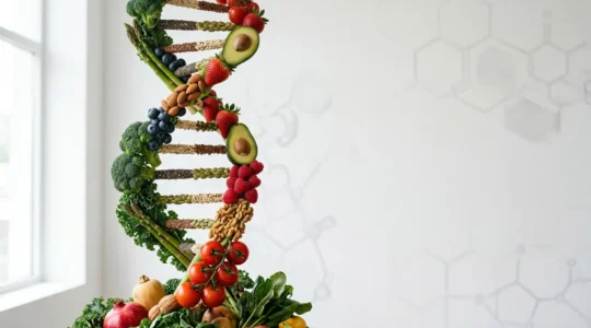 Visualisation conceptuelle d'un profil génétique influençant les choix alimentaires avec ADN, fruits et légumes en arrière-plan