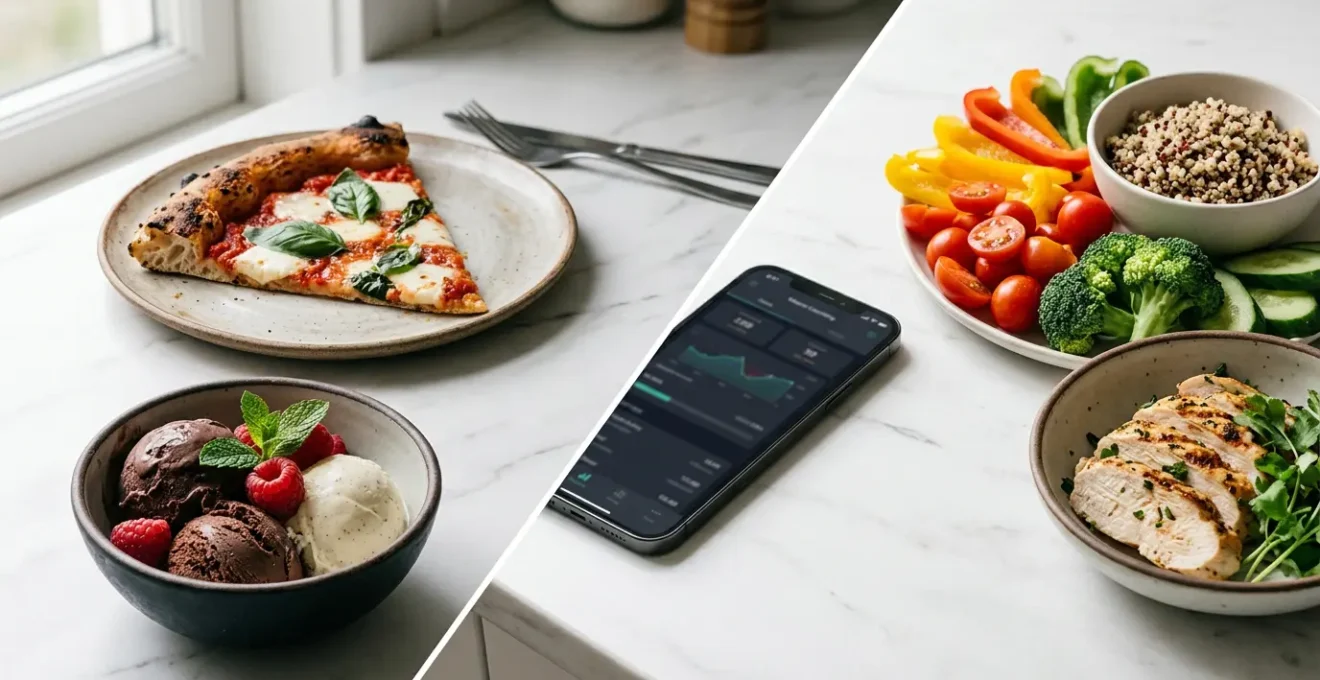 Composition équilibrée montrant pizza et crème glacée aux côtés d'aliments sains