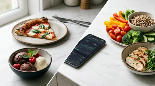 Composition équilibrée montrant pizza et crème glacée aux côtés d'aliments sains