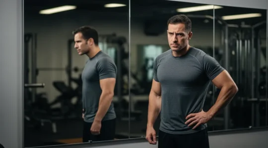 Athlète face à un miroir dans une salle de sport moderne, expression concentrée, barres et poids visibles en arrière-plan