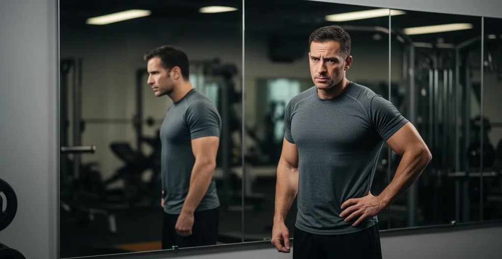 Athlète face à un miroir dans une salle de sport moderne, expression concentrée, barres et poids visibles en arrière-plan