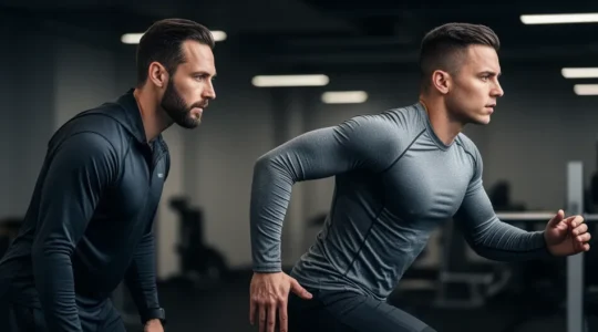 Évaluation physique d'un athlète par un préparateur professionnel dans un centre d'entraînement