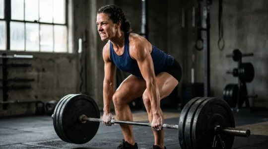 Athlète réalisant un exercice de musculation avec concentration après la phase de gains de débutant
