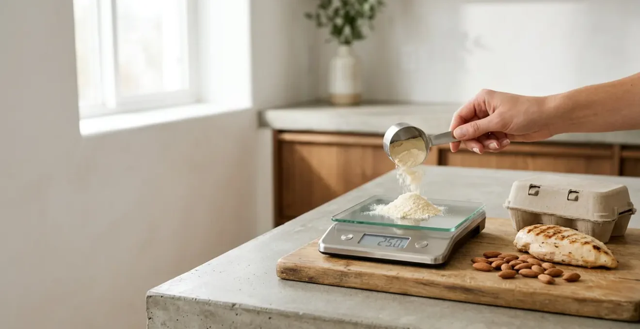 Mesure précise de protéines en poudre sur une balance de cuisine avec des aliments riches en protéines en arrière-plan
