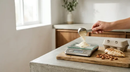 Mesure précise de protéines en poudre sur une balance de cuisine avec des aliments riches en protéines en arrière-plan