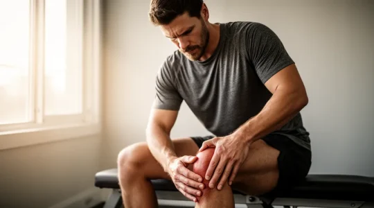 Athlète en phase de récupération active après un entraînement intense, montrant les processus de réparation musculaire