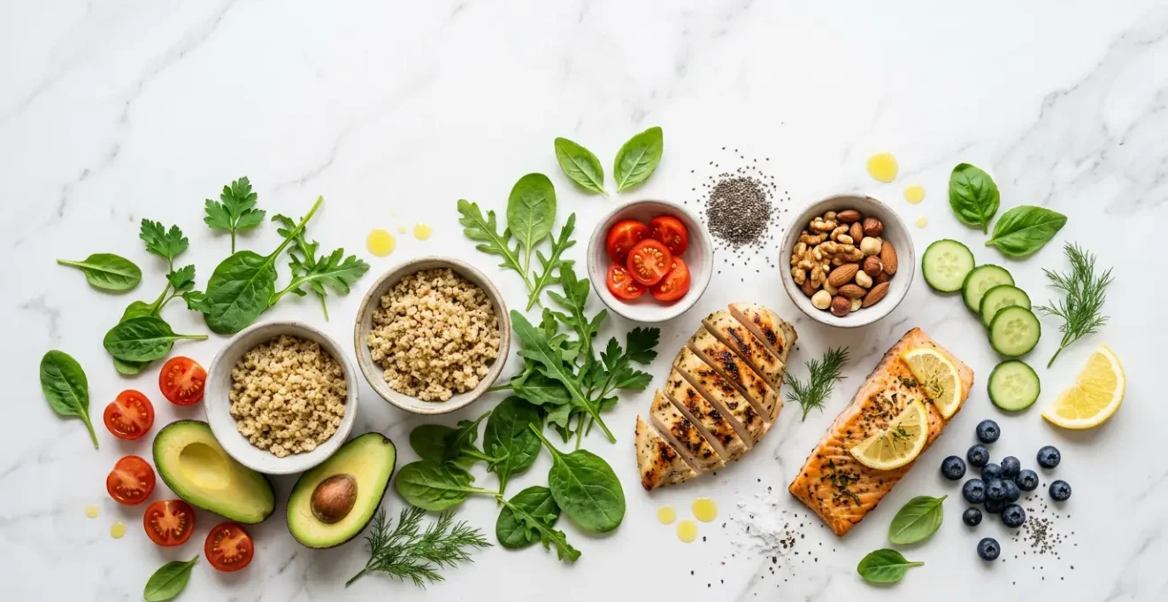 Vue aérienne d'un plan de travail avec des ingrédients frais colorés et une assiette équilibrée illustrant le rééquilibrage alimentaire