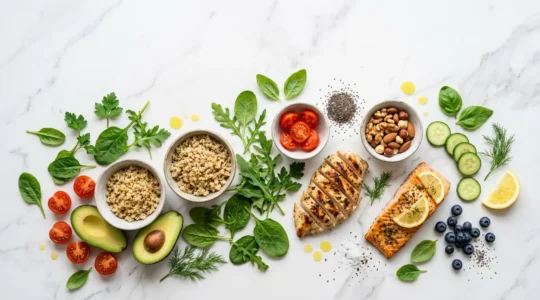 Vue aérienne d'un plan de travail avec des ingrédients frais colorés et une assiette équilibrée illustrant le rééquilibrage alimentaire