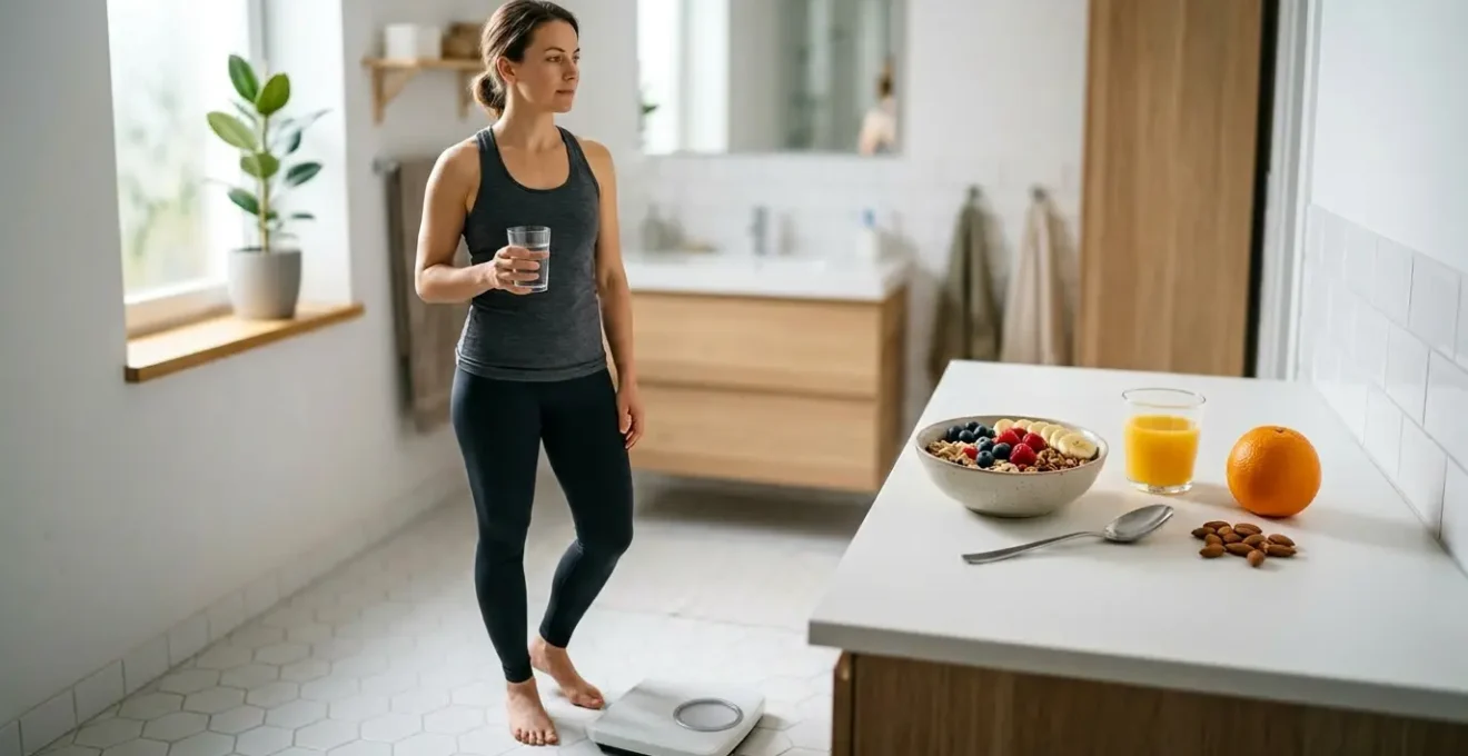 Une personne contemplant une balance avec sérénité dans un environnement lumineux et apaisant