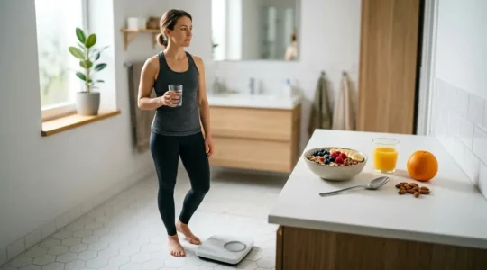 Une personne contemplant une balance avec sérénité dans un environnement lumineux et apaisant