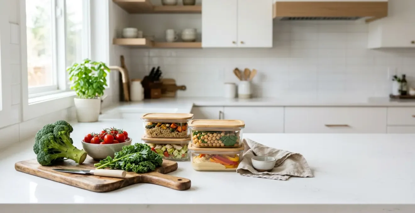 Préparation de repas minceur avec légumes frais et contenants organisés sur un plan de travail