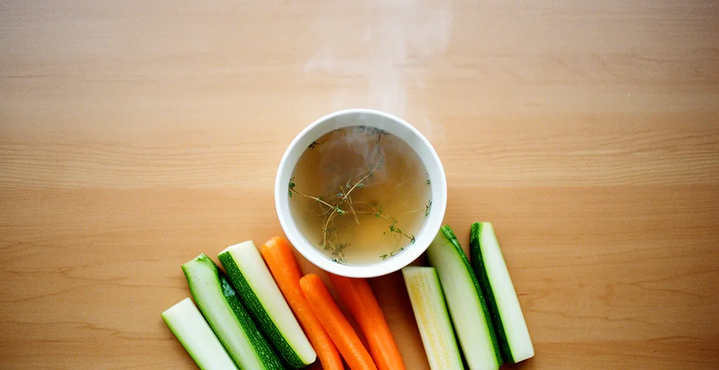 Assiette minimaliste avec légumes vapeur et bouillon clair sur table en bois naturel