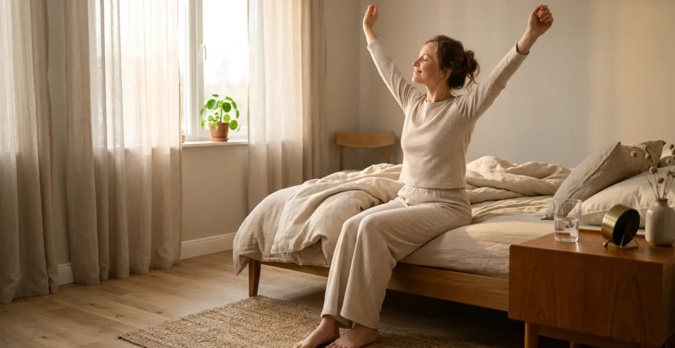 Scène matinale lumineuse montrant une personne détendue dans son lit baignée de lumière naturelle douce