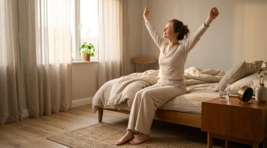Scène matinale lumineuse montrant une personne détendue dans son lit baignée de lumière naturelle douce