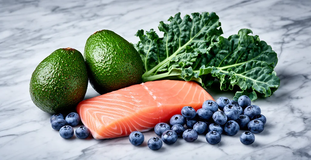 Vue conceptuelle d'un portefeuille santé avec des aliments sains et des éléments financiers intégrés dans une composition harmonieuse