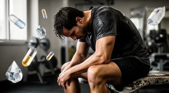 Athlète en récupération après l'effort avec symboles visuels de micronutriments essentiels