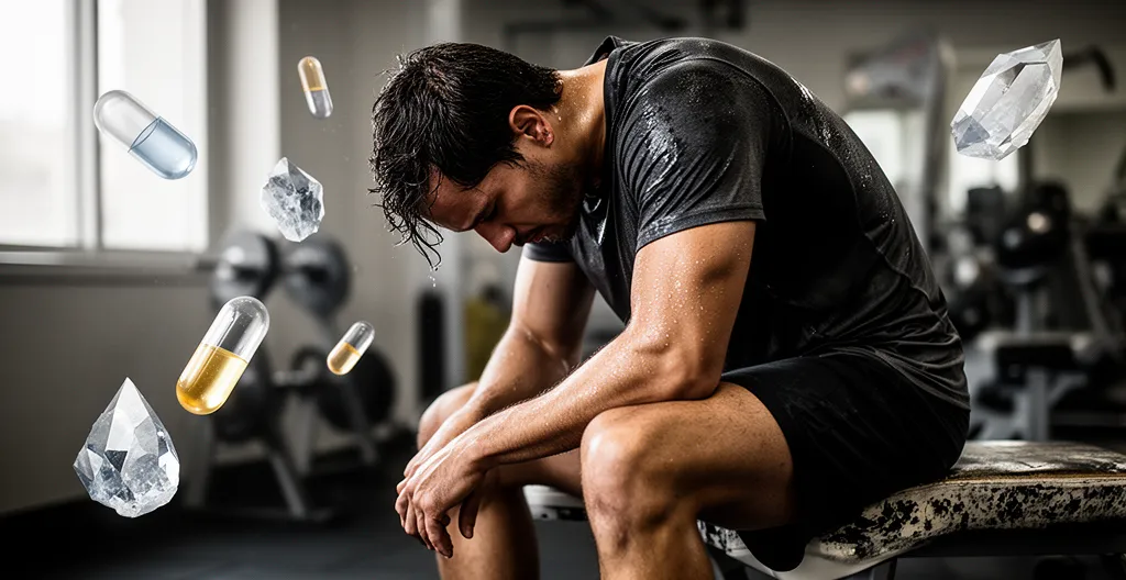 Athlète en récupération après l'effort avec symboles visuels de micronutriments essentiels