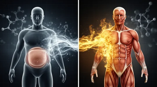 Transformation physique d'un profil faux maigre vers musclé avec visualisation métabolique