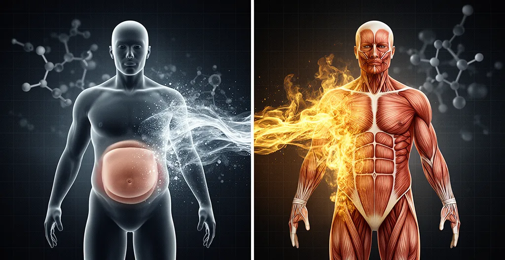 Transformation physique d'un profil faux maigre vers musclé avec visualisation métabolique