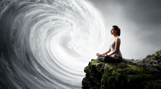 Femme en posture méditative observant sereinement une vague métaphorique d'émotions avec un paysage intérieur apaisé