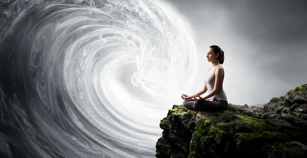 Femme en posture méditative observant sereinement une vague métaphorique d'émotions avec un paysage intérieur apaisé