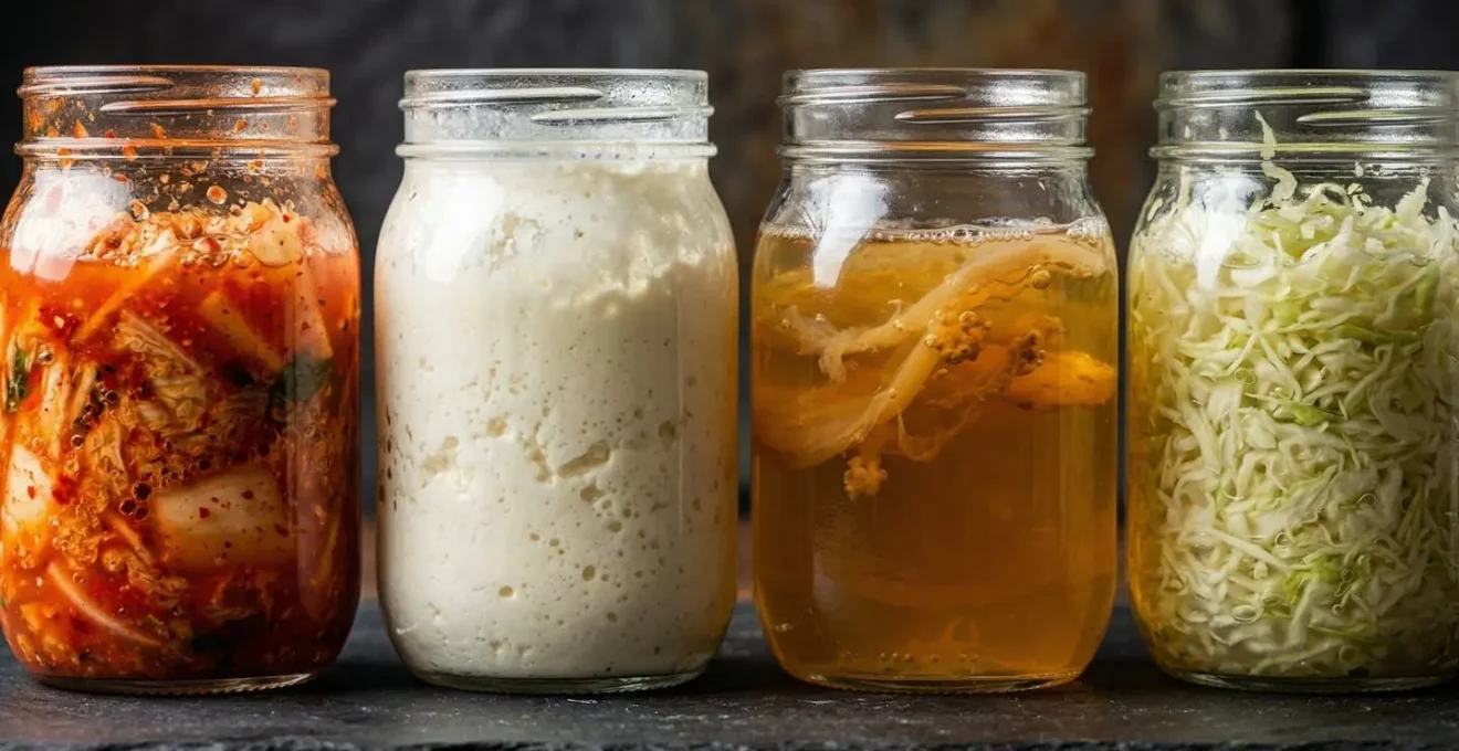Assortiment d'aliments fermentés probiotiques incluant kimchi, kéfir, kombucha et choucroute