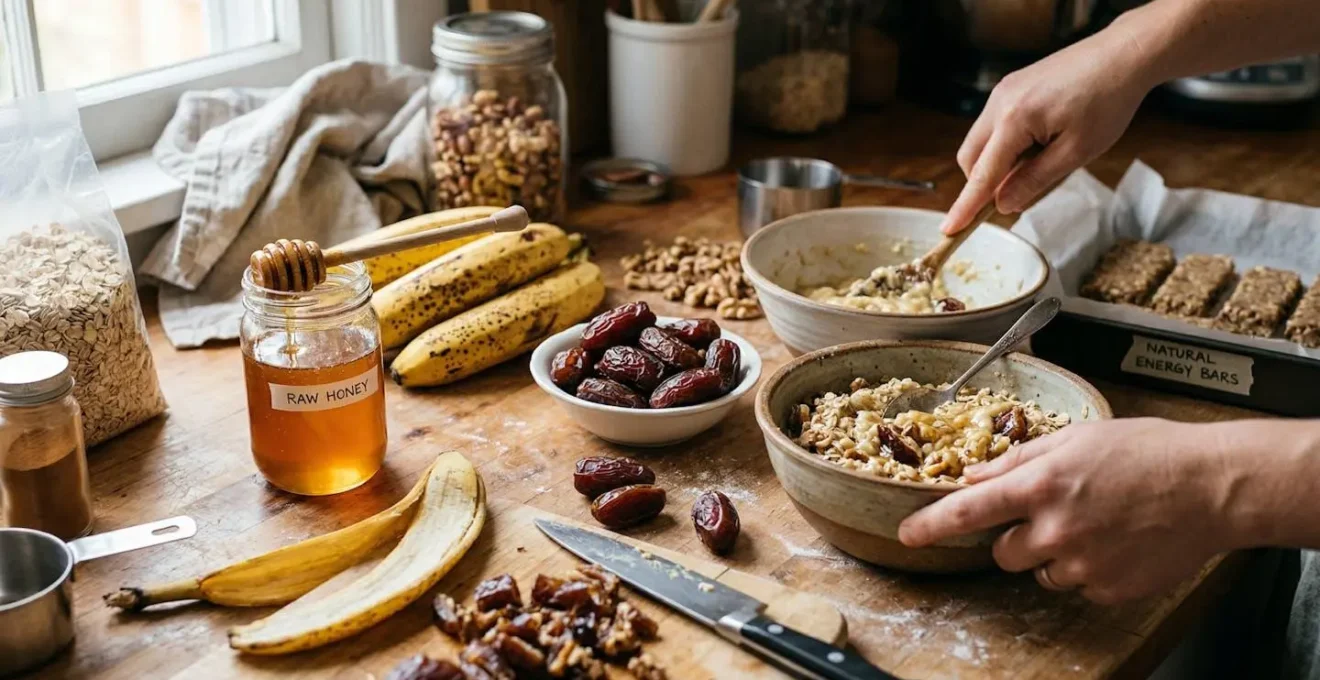 Préparation maison d'aliments énergétiques naturels pour sportifs avec miel, bananes et dattes