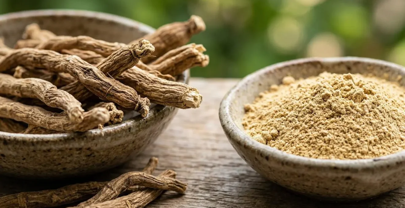 Racines d'ashwagandha et poudre dans un environnement naturel