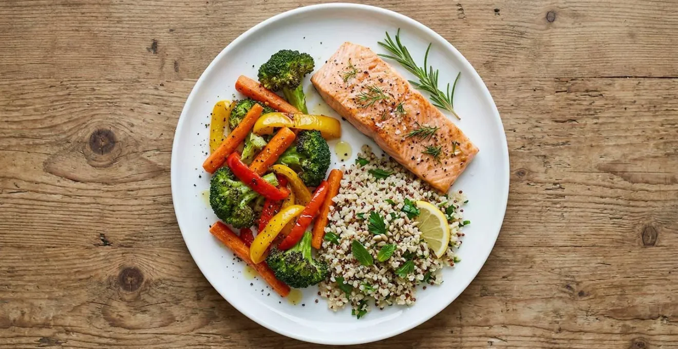 Assiette vue du dessus divisée visuellement en trois portions égales avec légumes colorés, protéines et féculents