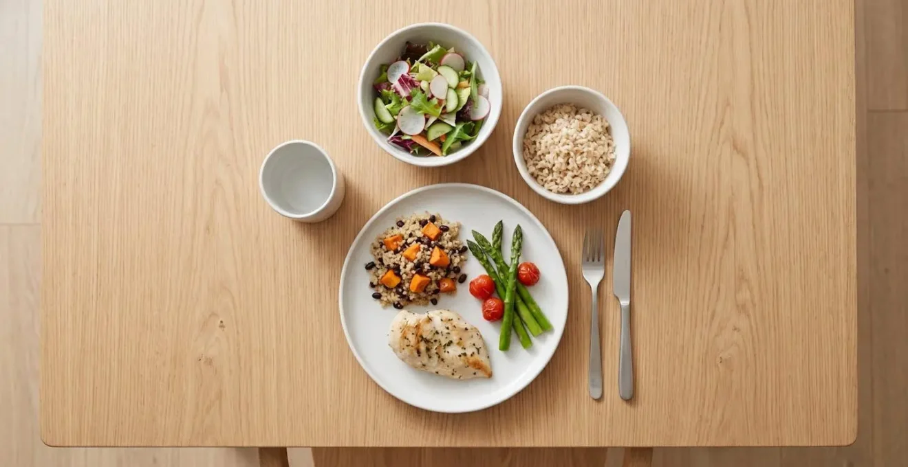 Vue aérienne d'une table avec repas équilibré et portions contrôlées pour la maintenance