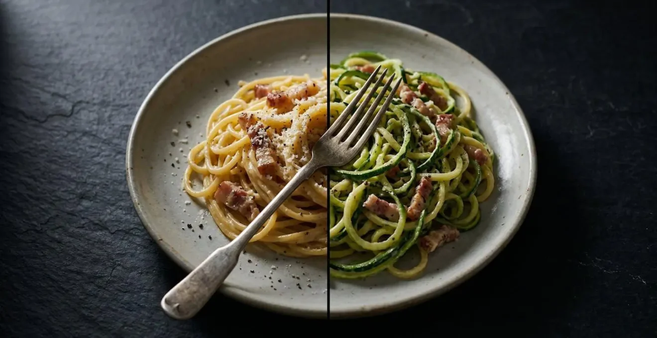 Deux assiettes de pâtes côte à côte montrant la différence de volume avec l'ajout de légumes