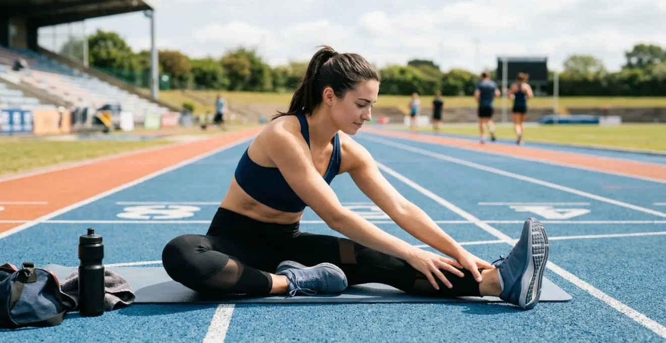 Athlète en position de repos actif pratiquant des étirements légers