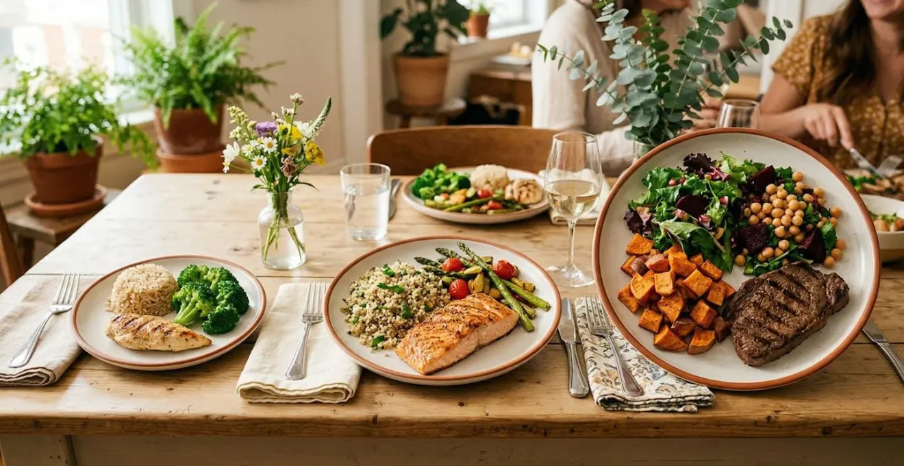 Assiette équilibrée avec portions augmentées progressivement, ambiance positive