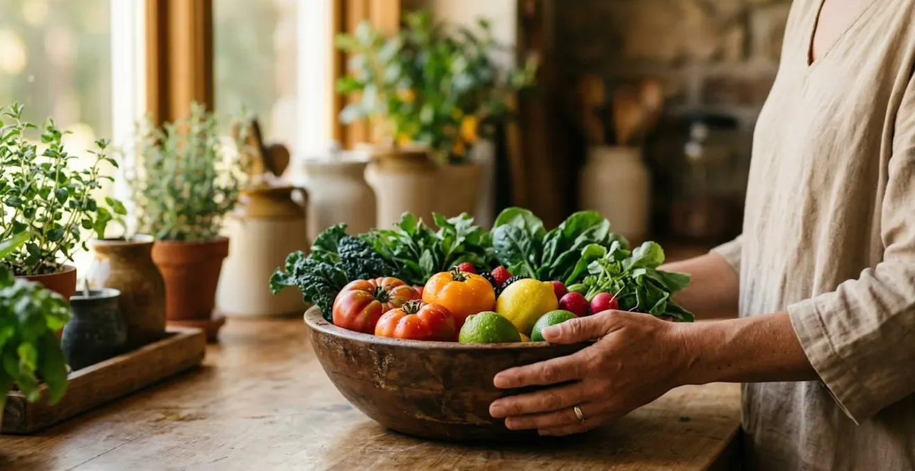 Balance ancienne en équilibre avec des fruits et légumes frais d'un côté symbolisant le rééquilibrage alimentaire