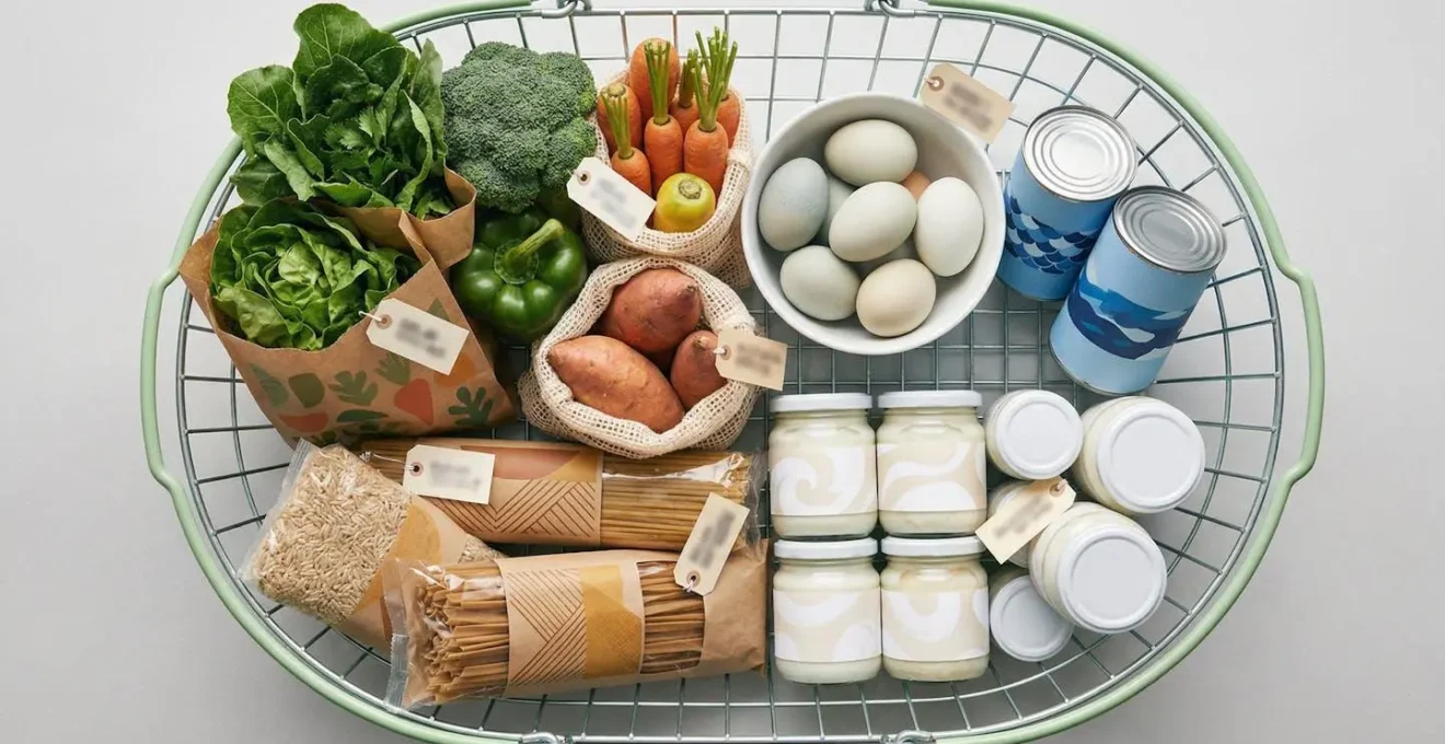 Vue de dessus d'un caddie rempli d'aliments sains pour 40 euros par semaine