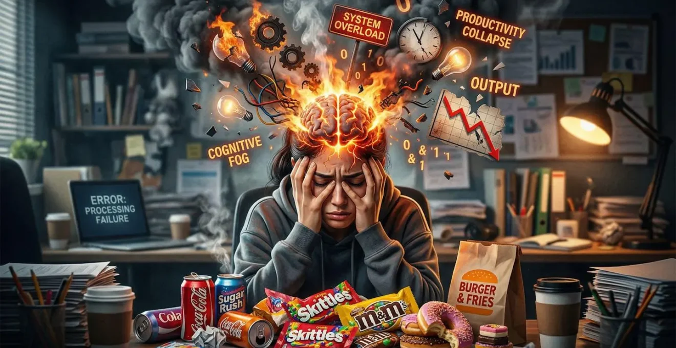 Métaphore visuelle du cerveau en surchauffe après la consommation de sucre rapide, symbolisant la baisse de productivité.