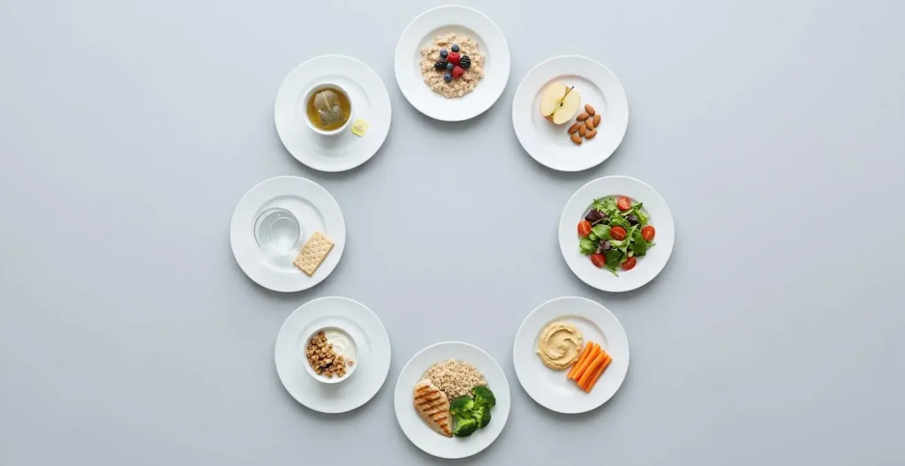 Vue aérienne minimaliste d'assiettes disposées en cercle représentant le cycle alimentaire quotidien