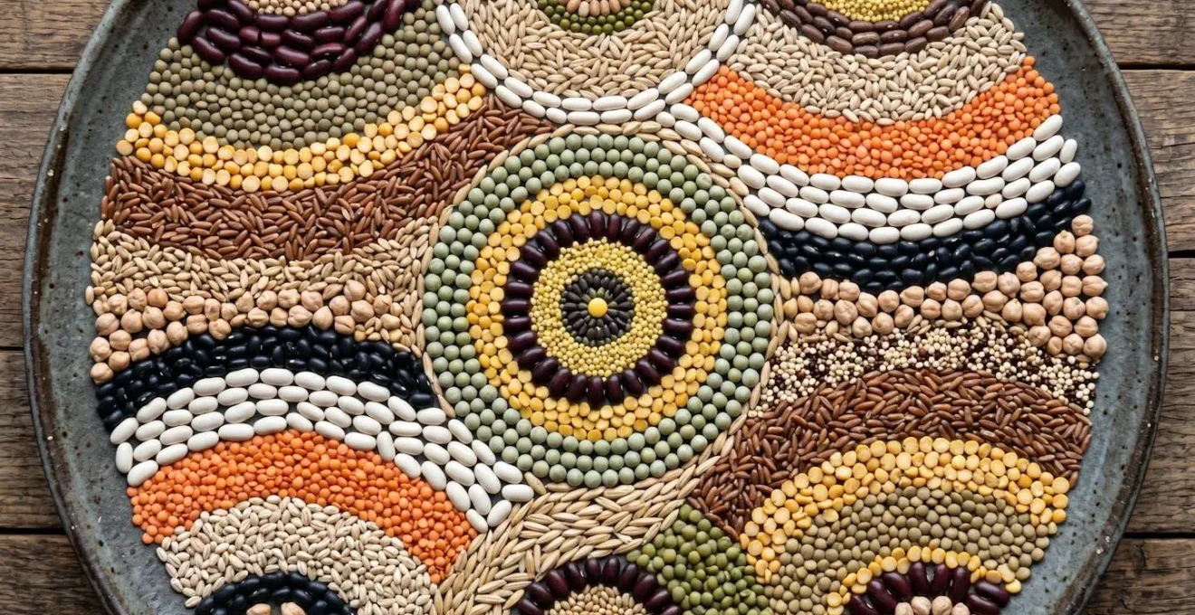 Arrangement artistique de légumineuses et céréales formant des motifs complémentaires