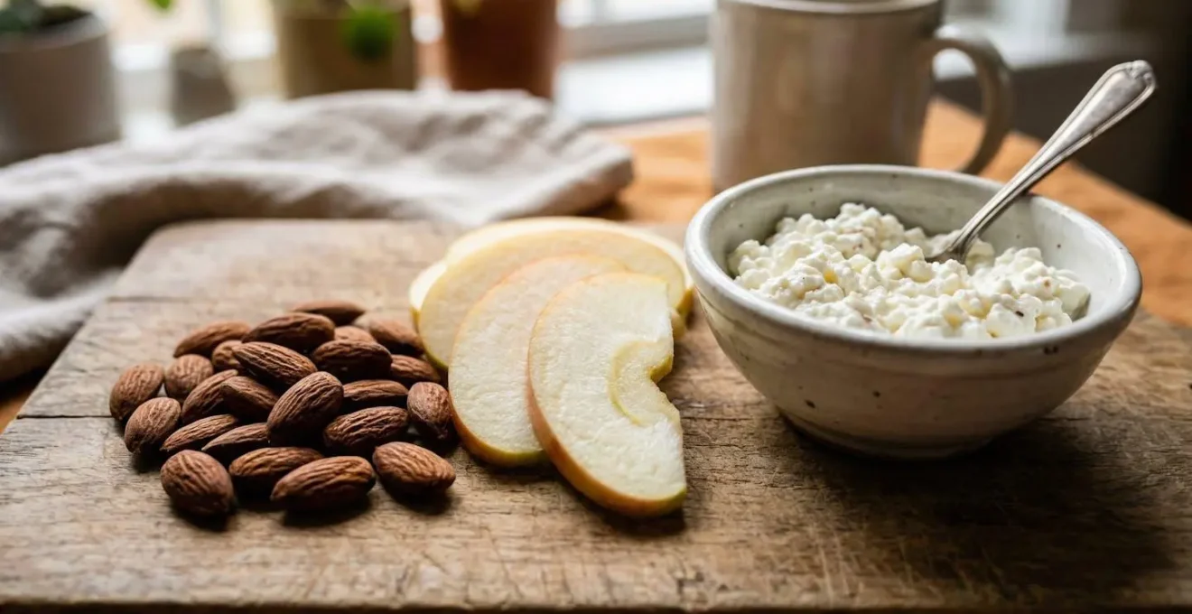 Photo macro montrant une pomme coupée en deux à côté d'amandes et fromage blanc
