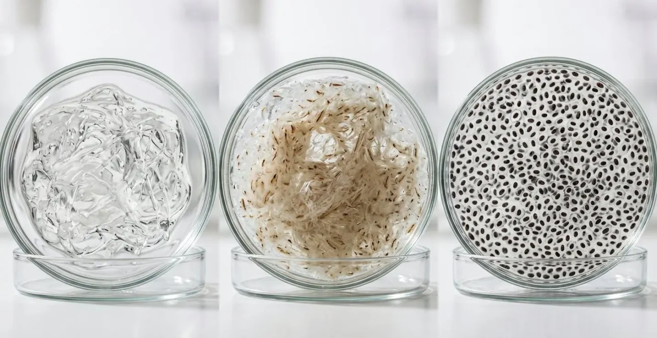 Vue macro de trois types de graines mucilagineuses en cours de gélification