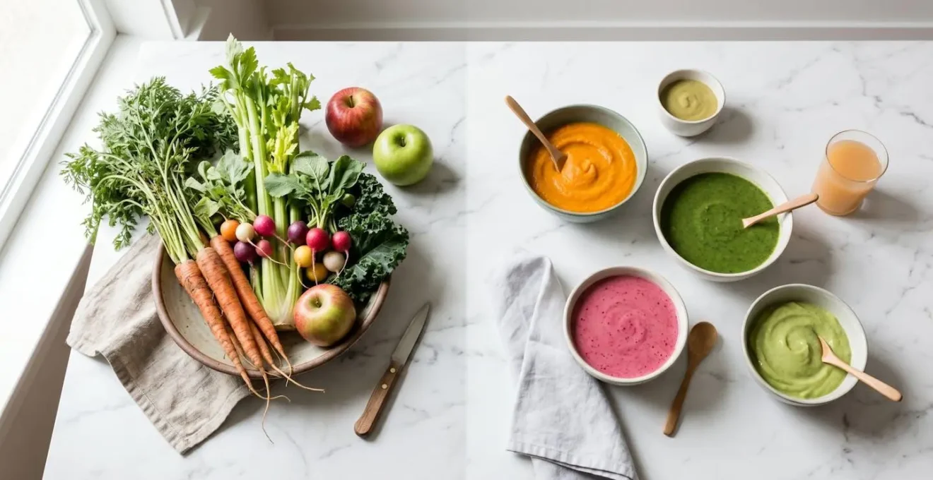Comparaison visuelle entre aliments croquants et purées montrant la différence de stimulation sensorielle