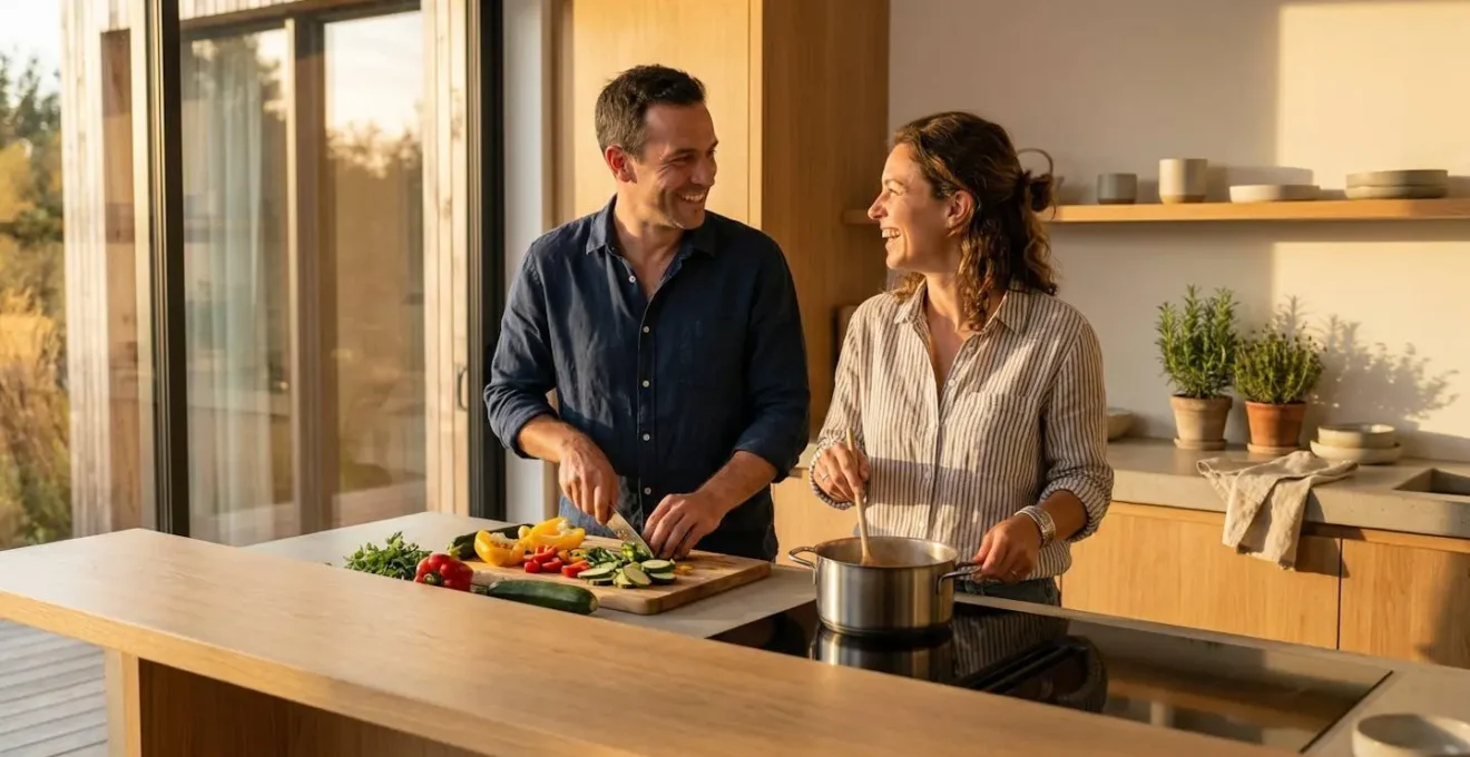Couple cuisinant ensemble dans une cuisine moderne le soir