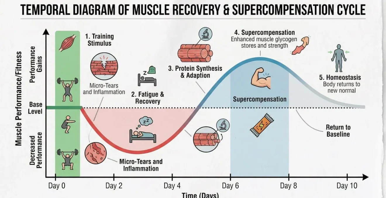 Schéma temporel du cycle de récupération musculaire et surcompensation