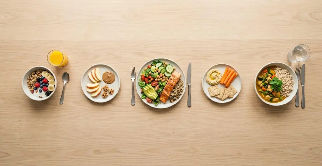Vue aérienne d'une table avec des repas équilibrés répartis sur la journée