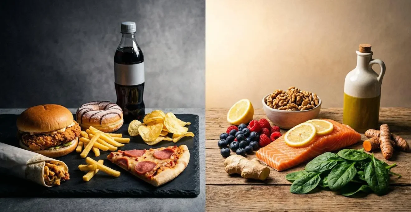 Composition artistique montrant le contraste entre aliments inflammatoires et anti-inflammatoires