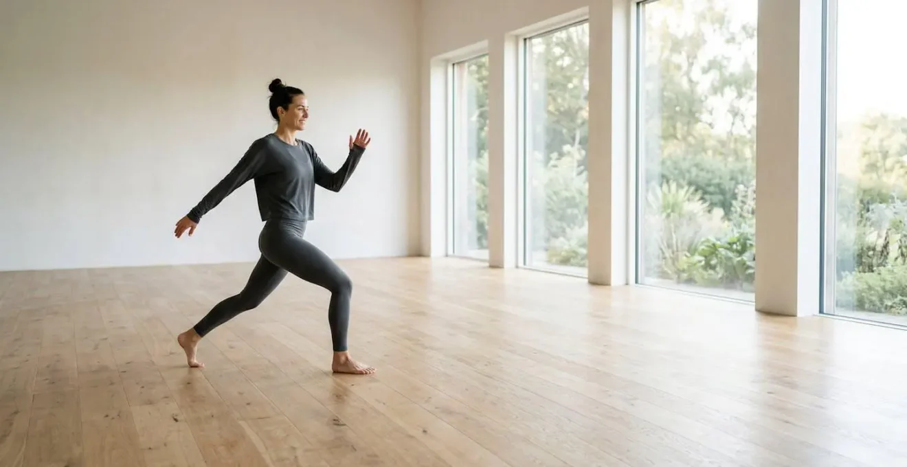 Personne effectuant des étirements dynamiques dans un espace lumineux avec tapis de yoga