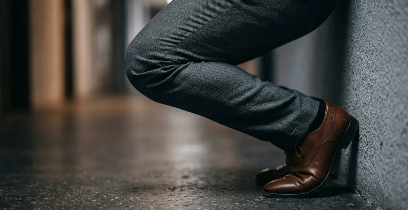 Personne effectuant discrètement un wall-sit dans un couloir élégant