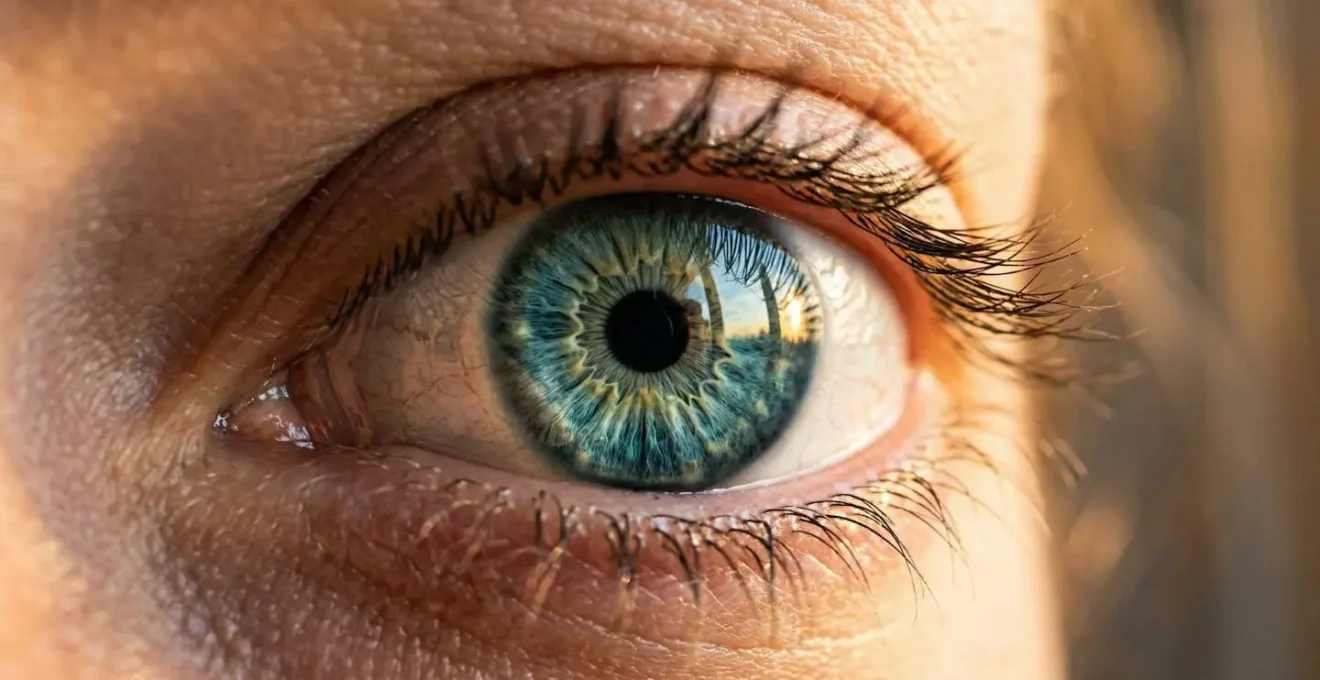 Vue macro d'un œil humain baigné de lumière dorée matinale avec reflets naturels