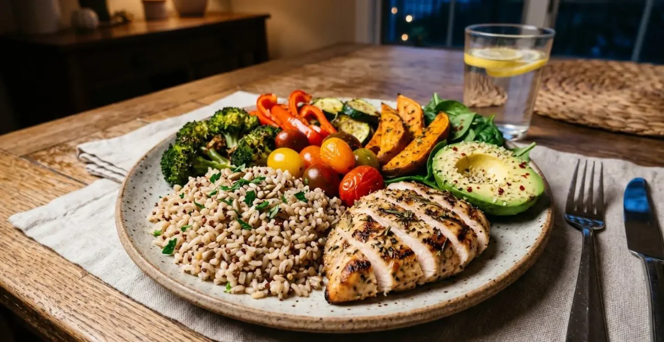 Assiette équilibrée avec des glucides complexes pour la récupération musculaire du soir