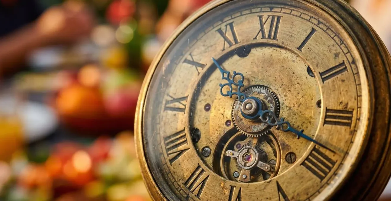 Macro photographie d'une horloge ancienne montrant 20 minutes avec des aliments flous en arrière-plan